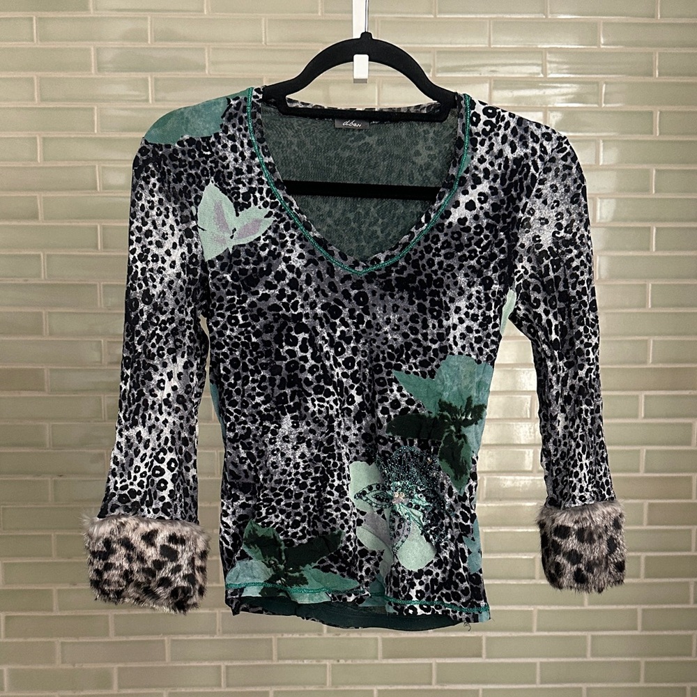Di Bari Black & Green Animal Print Blouse with Beading & Fur Cuffs